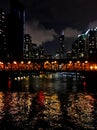 ChicagoÃ¢â¬â¢s city night lights from bridges and skyscrapers are reflecting onto the majestic Chicago River in the Loop. Royalty Free Stock Photo